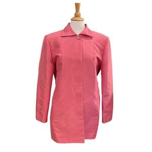 Pink Silk Coat, Mid-Length, Collared, Button Closure, Pockets, Retro, Size L